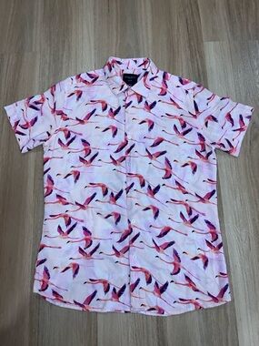 Grand Frank Slim Fit Flying Flamingo Pink Hawaiian Short Sleeve Button, Large